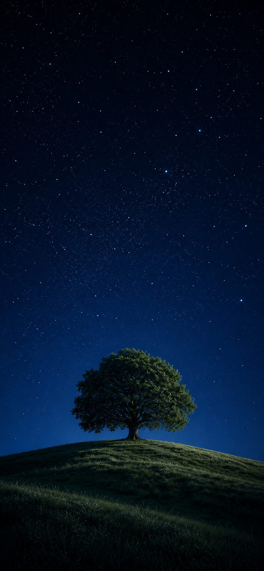 A solitary tree on a grassy hill under a star-filled night sky with moonlight.