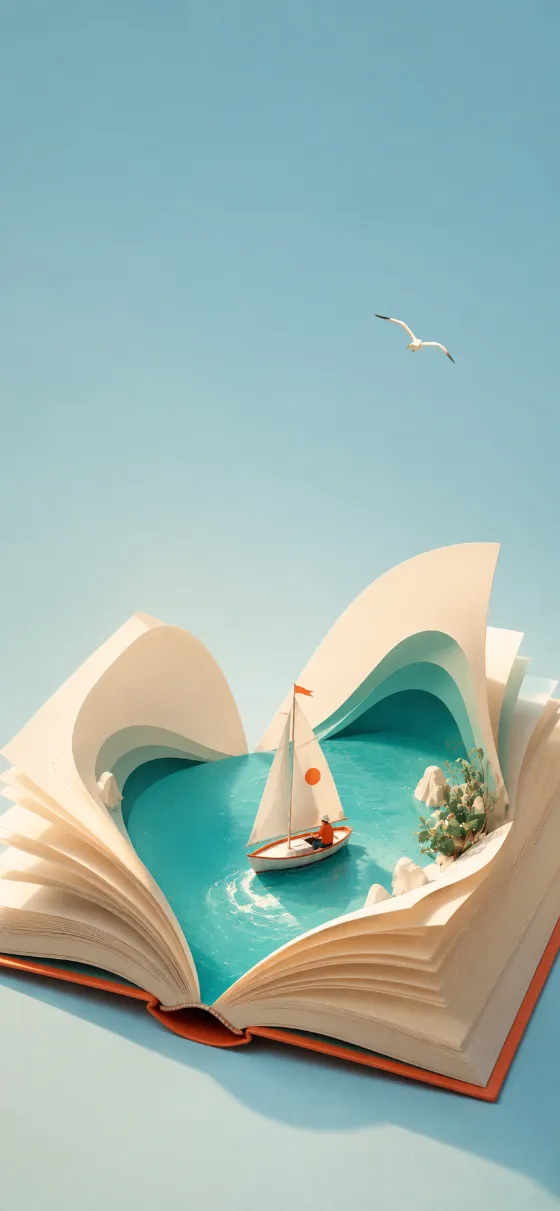 Minimalist editorial illustration of an open book becoming a turquoise ocean with a tiny sailboat floating inside, set against a soft sky-blue background.