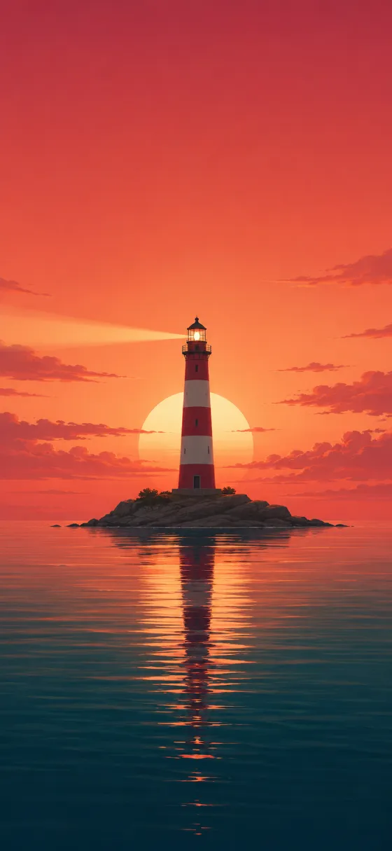 Minimal sunset lighthouse wallpaper with red-orange sky, pale sun, beacon beam, dark teal ocean, and soft reflection.