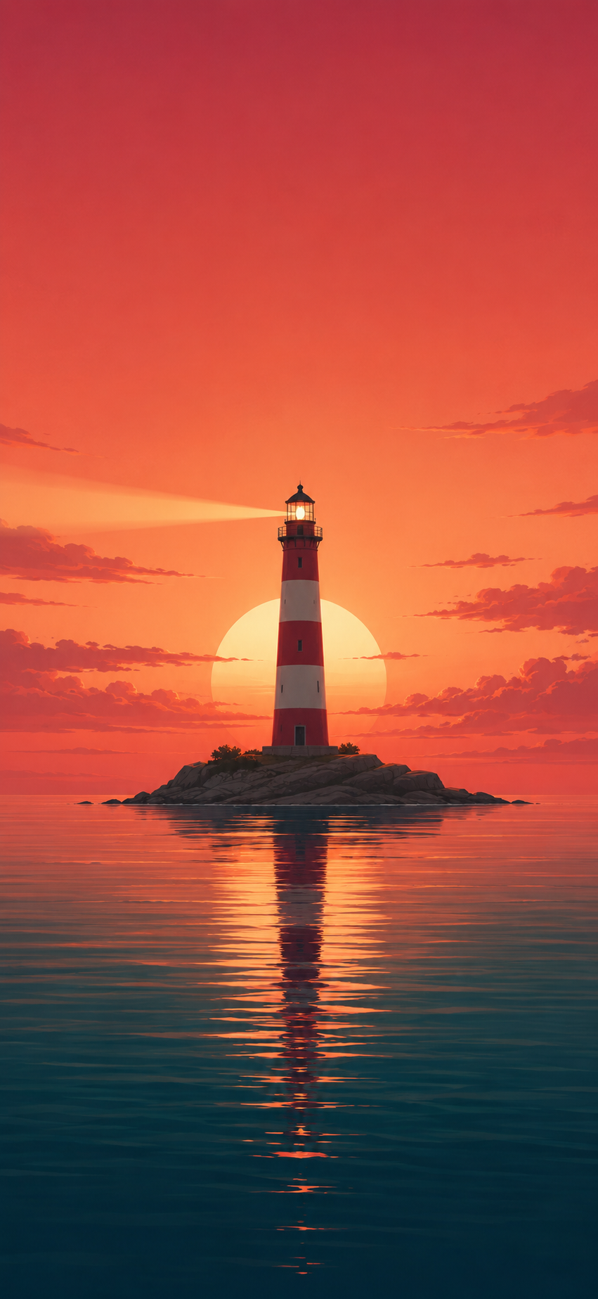 Minimal sunset lighthouse wallpaper with red-orange sky, pale sun, beacon beam, dark teal ocean, and soft reflection.