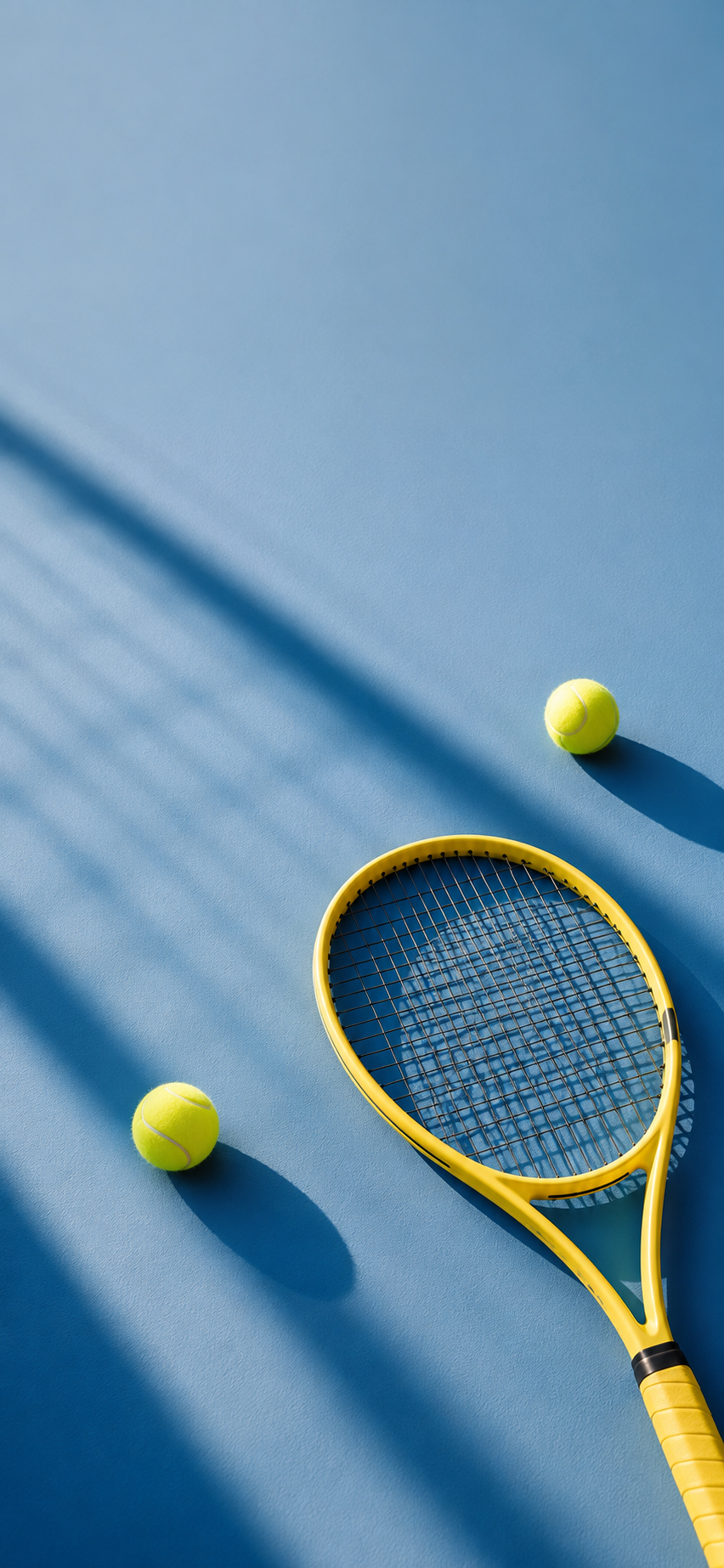 Minimal yellow tennis racket resting on a blue court with long geometric shadows and tennis balls.