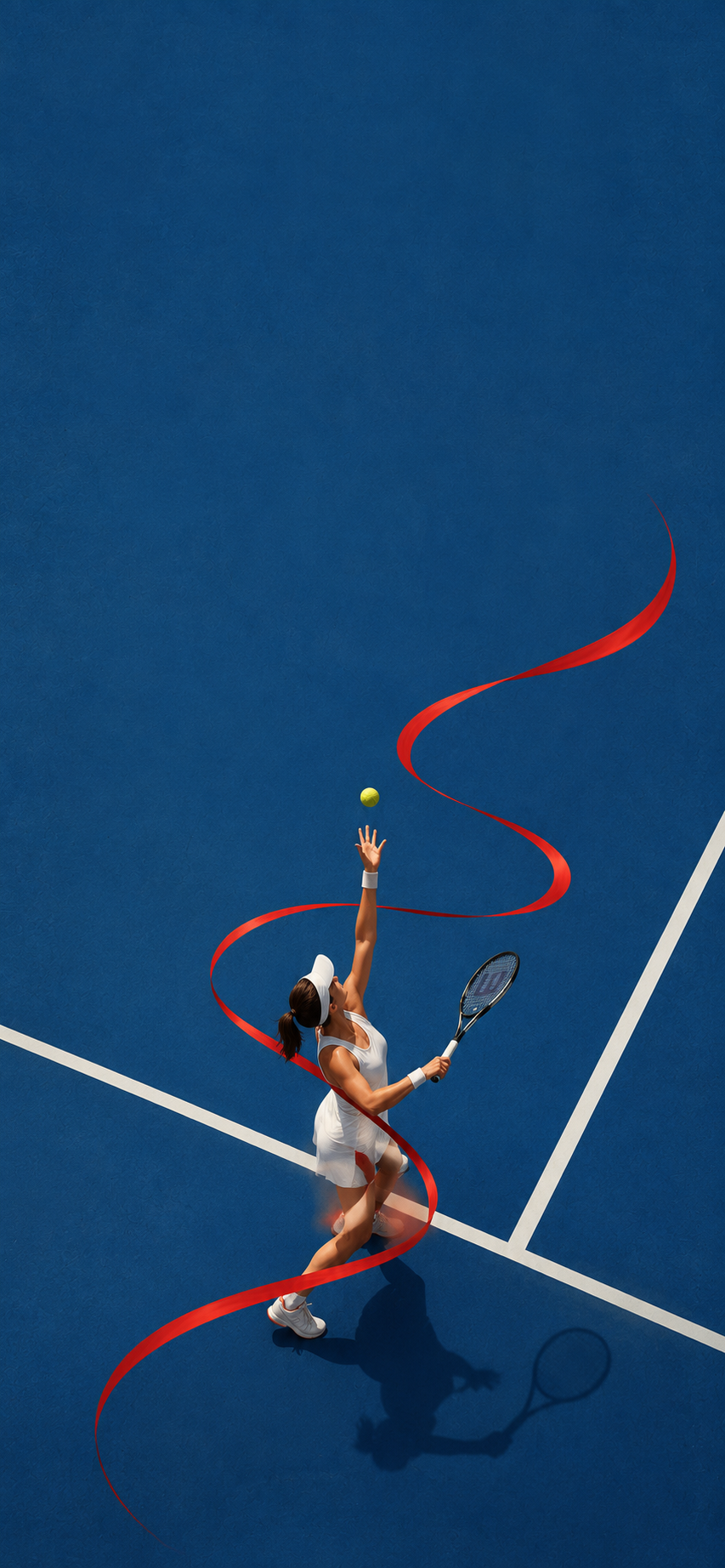Minimal overhead illustration of a tennis player serving on a blue court with a flowing crimson ribbon.