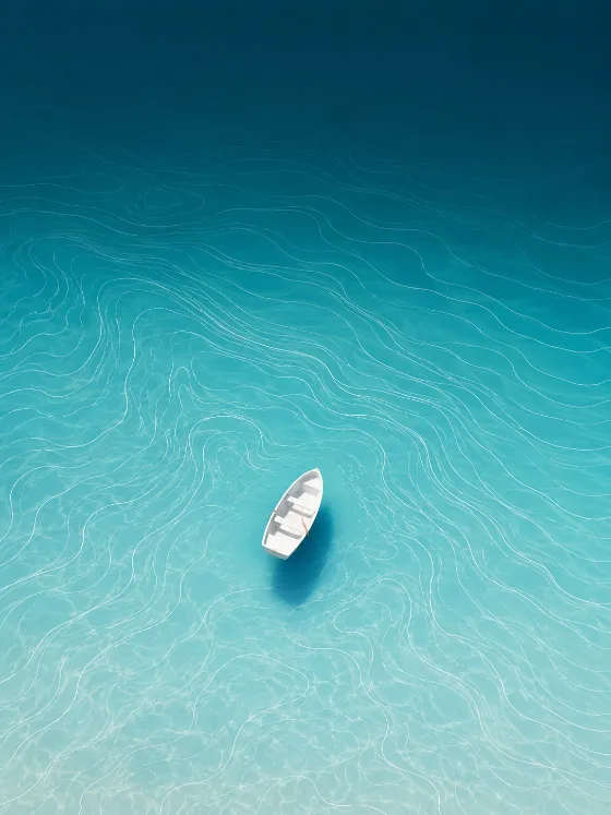 Minimal top-down illustration of a small white rowboat on turquoise ocean waves made from fine contour lines.