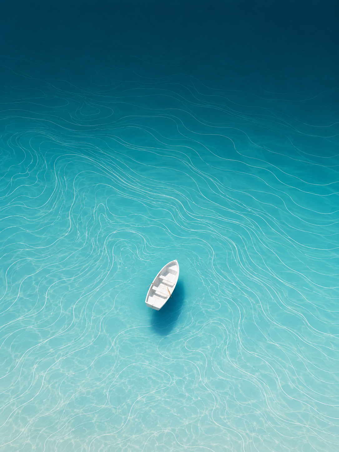 Minimal top-down illustration of a small white rowboat on turquoise ocean waves made from fine contour lines.