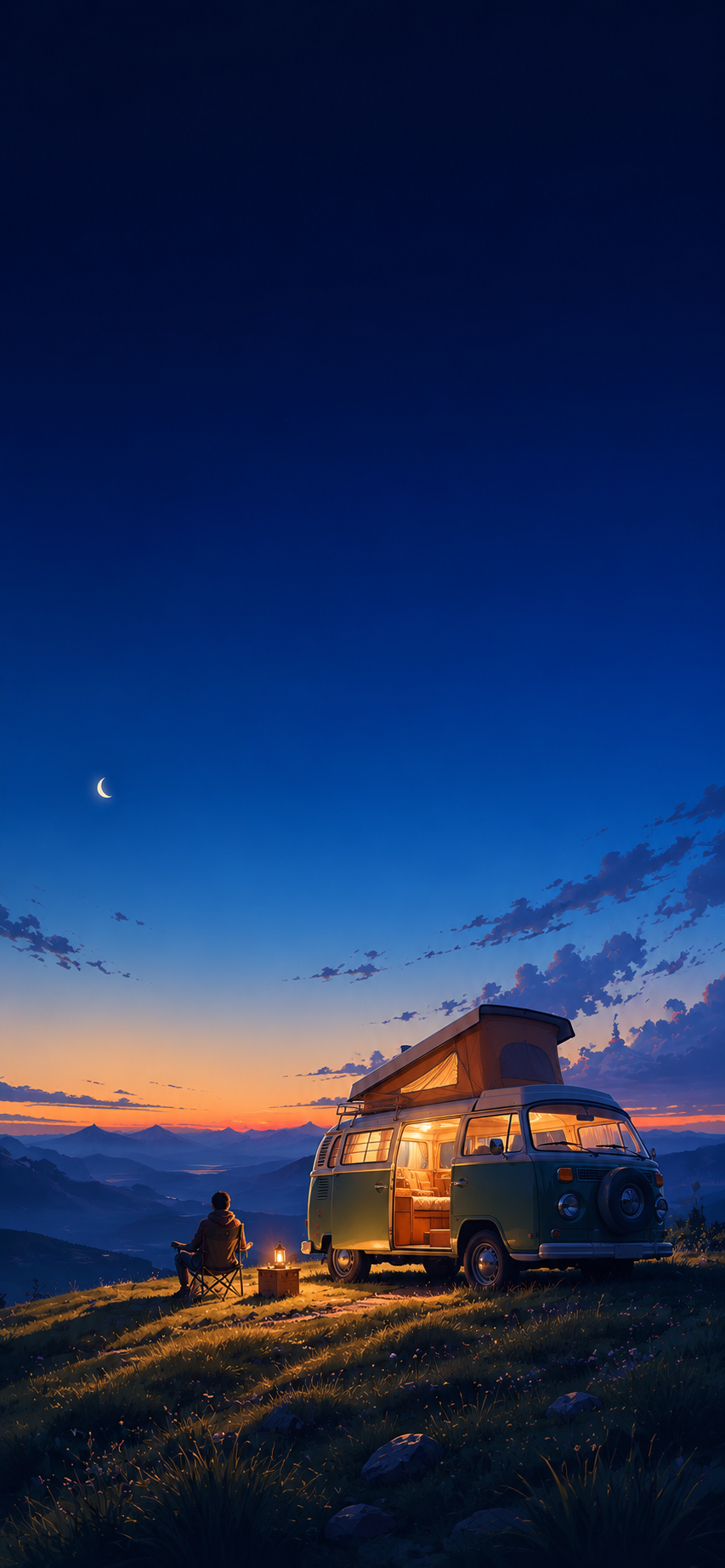 Minimal illustration of a retro camper van on a grassy hill beneath a deep blue twilight sky.