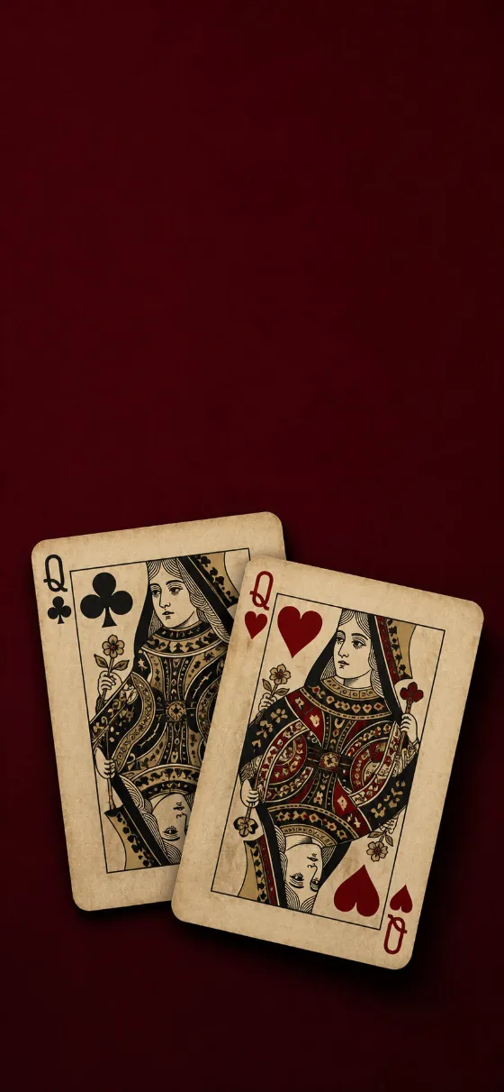 Two overlapping vintage queen playing cards centered on a deep burgundy background.
