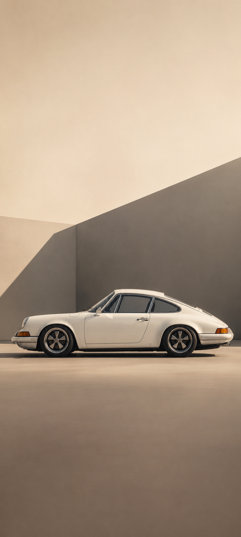White classic sports coupe in full side profile on a warm beige background with bold gray geometric shadow shapes in a minimalist wallpaper style.