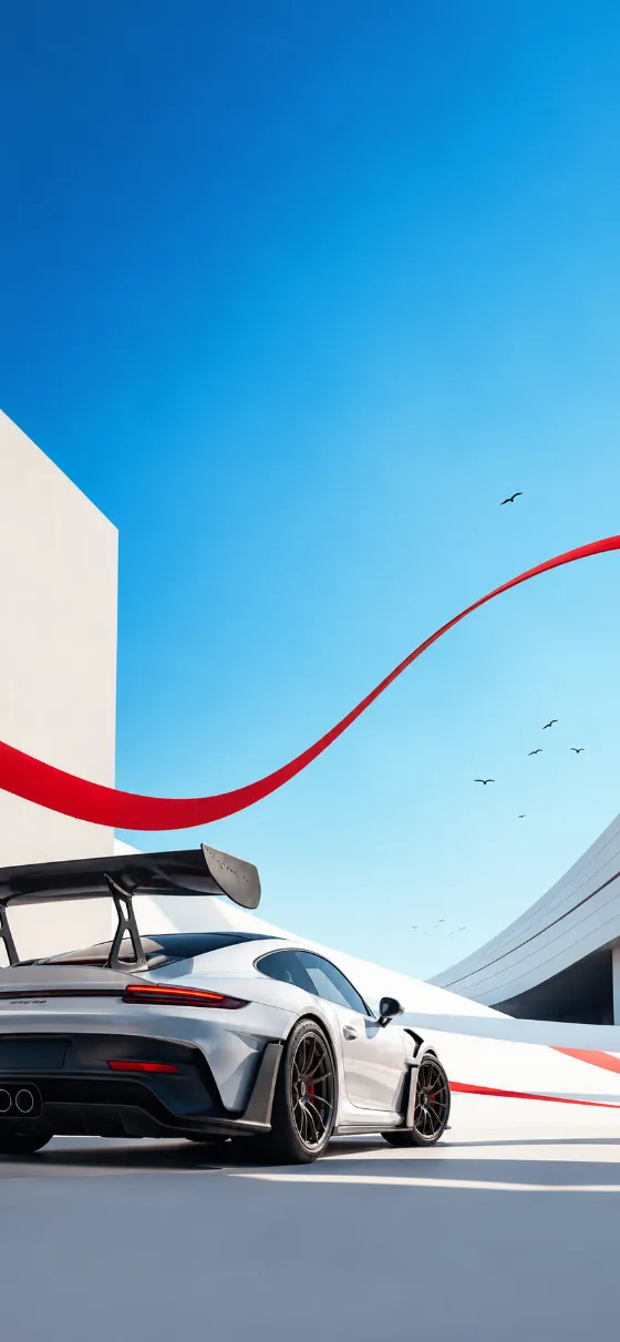 Minimal white performance sports coupe beneath a blue sky with architectural forms and red motion ribbons.