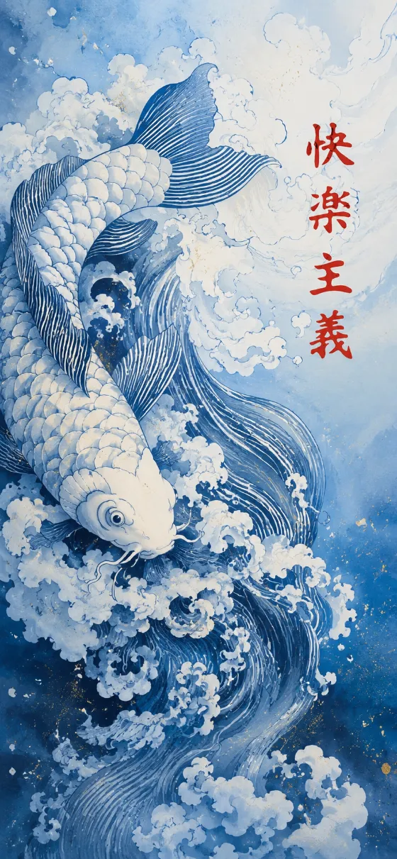 White koi swimming through stylized blue waves and clouds in a minimalist Japanese-inspired illustration.