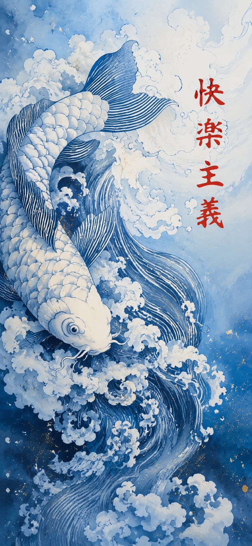 White koi swimming through stylized blue waves and clouds in a minimalist Japanese-inspired illustration.
