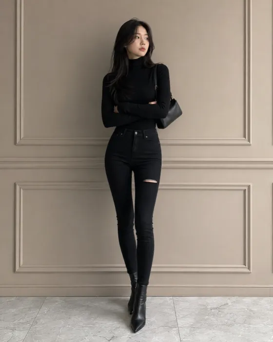 Woman standing with crossed arms in an all-black outfit, pointed ankle boots and a shoulder bag against a warm neutral wall.