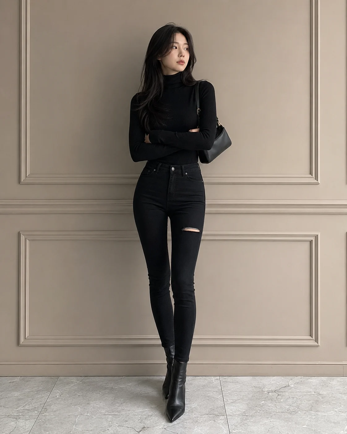 Woman standing with crossed arms in an all-black outfit, pointed ankle boots and a shoulder bag against a warm neutral wall.