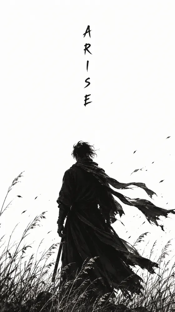 Minimalist phone wallpaper with a dark windswept silhouette and the word ARISE arranged vertically.