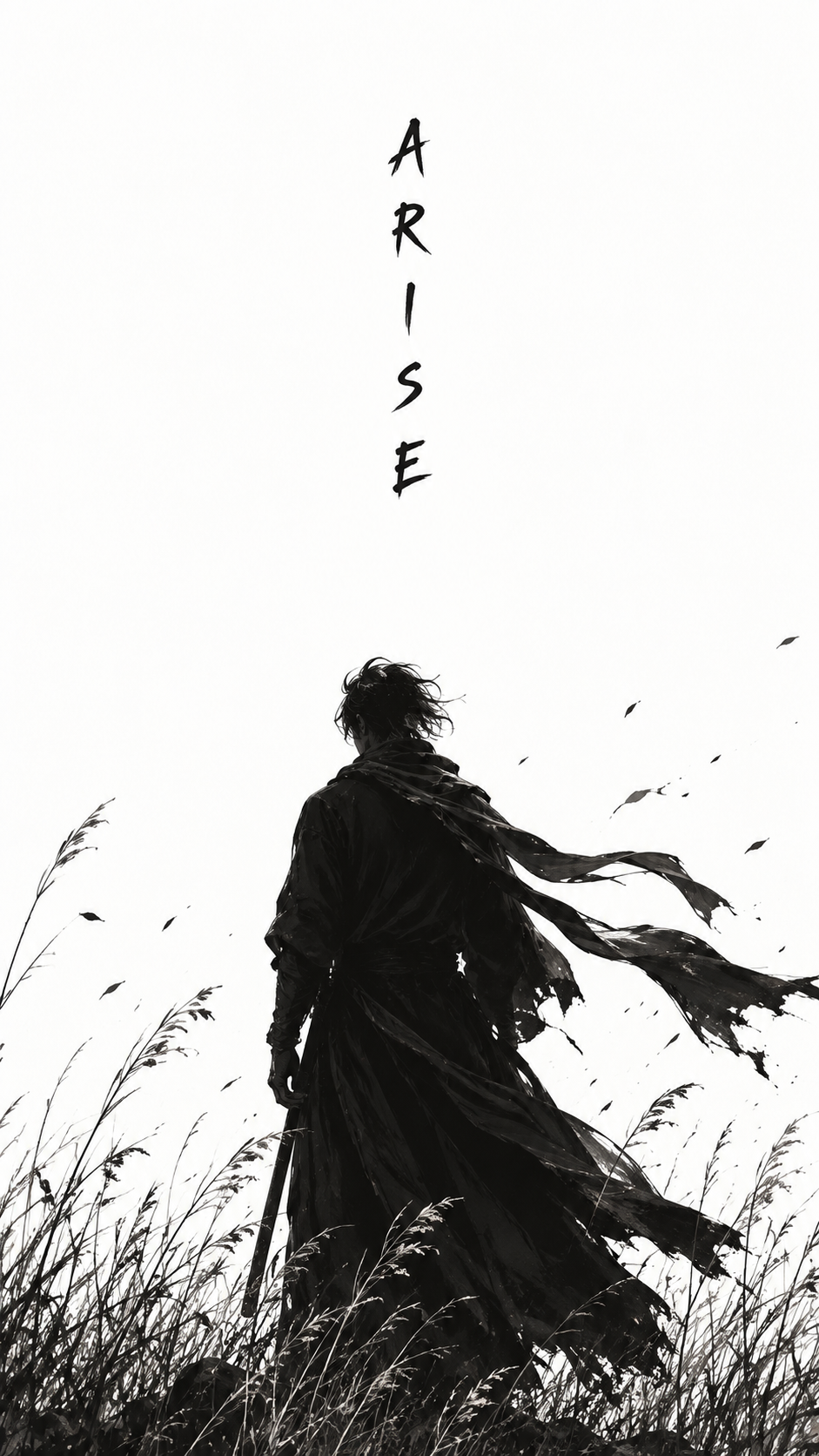 Minimalist phone wallpaper with a dark windswept silhouette and the word ARISE arranged vertically.