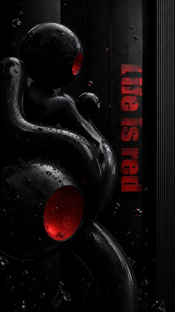 Dark 3D humanoid sculpture with wet black spheres, glowing red openings, and vertical red Life is red typography.