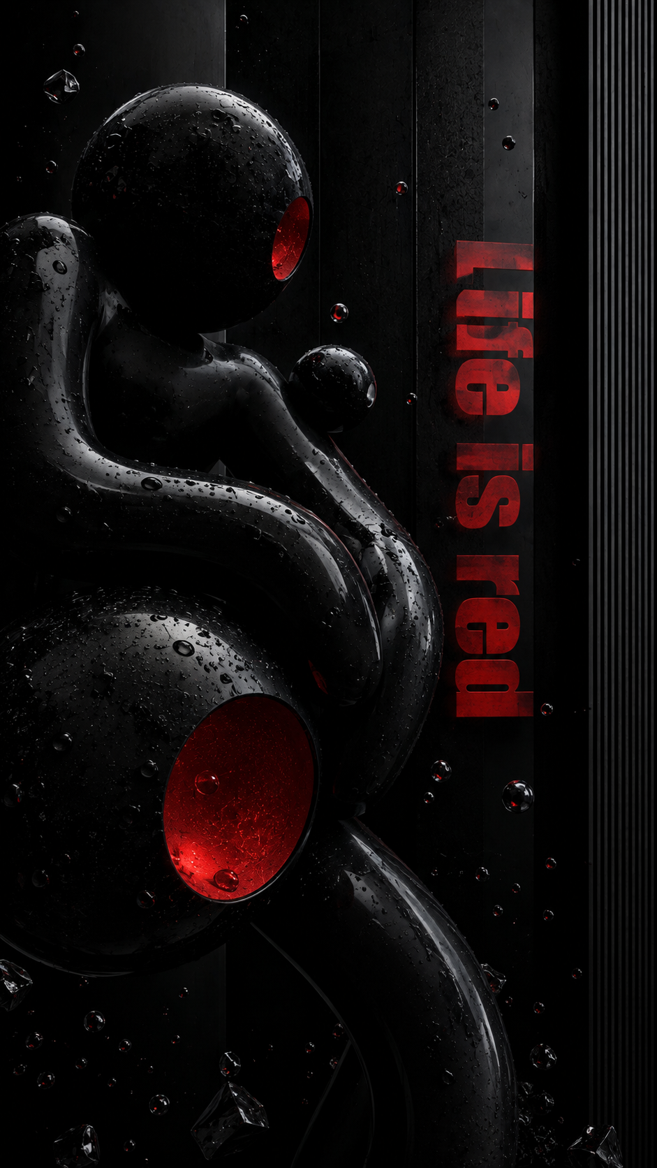 Dark 3D humanoid sculpture with wet black spheres, glowing red openings, and vertical red Life is red typography.