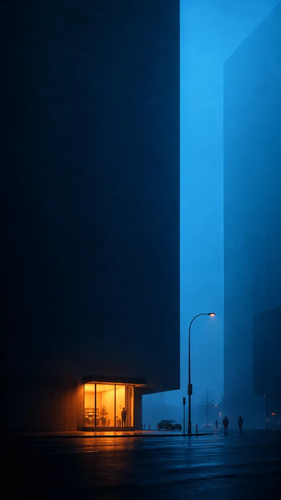 Foggy blue city street between towering buildings with a small warm orange-lit storefront and distant silhouettes.