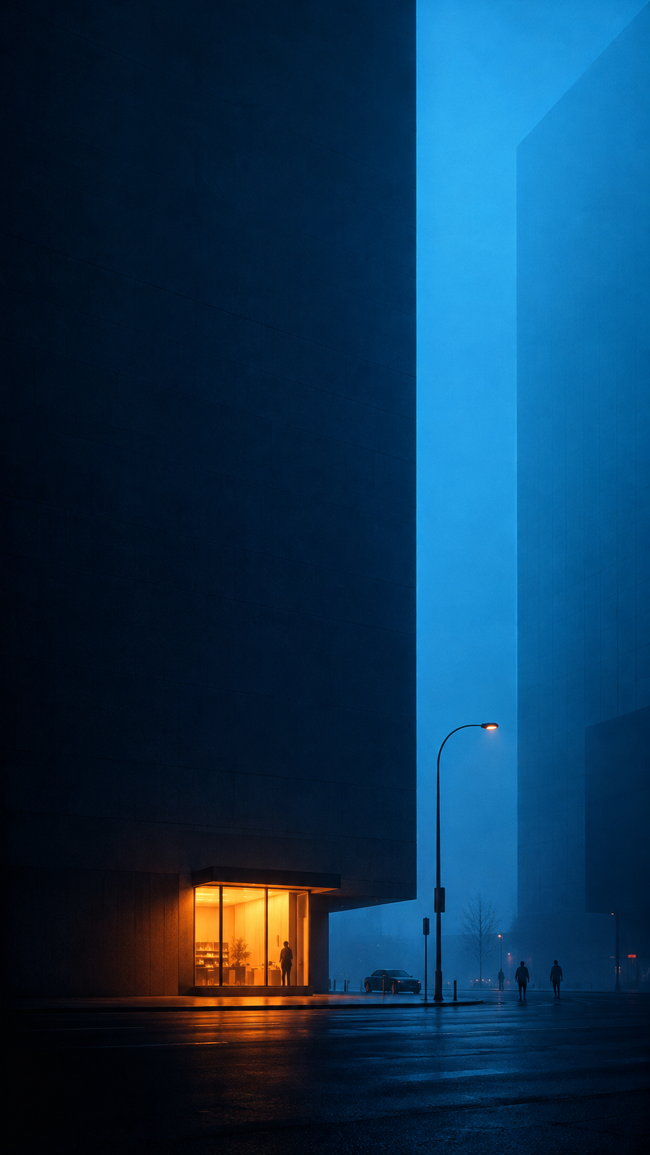 Foggy blue city street between towering buildings with a small warm orange-lit storefront and distant silhouettes.