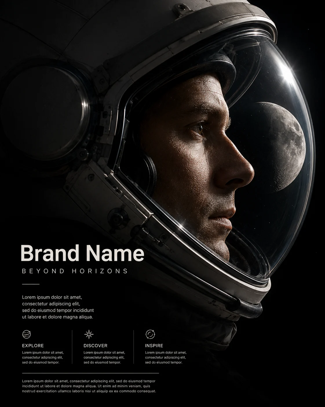 Side profile of an astronaut in a helmet with the Moon visible through the visor against a black background.