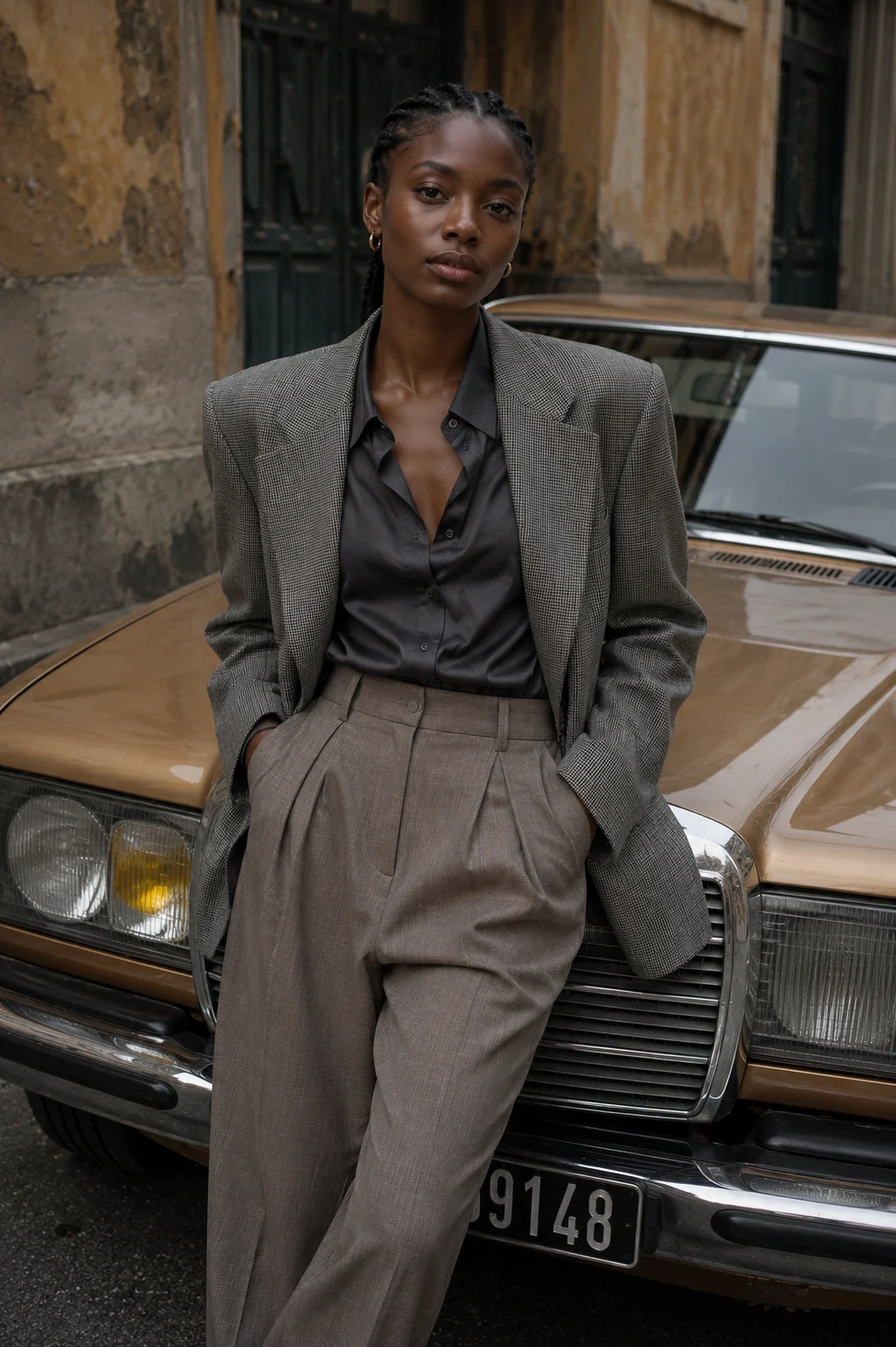 Luxury editorial portrait with oversized tailoring beside a vintage car.