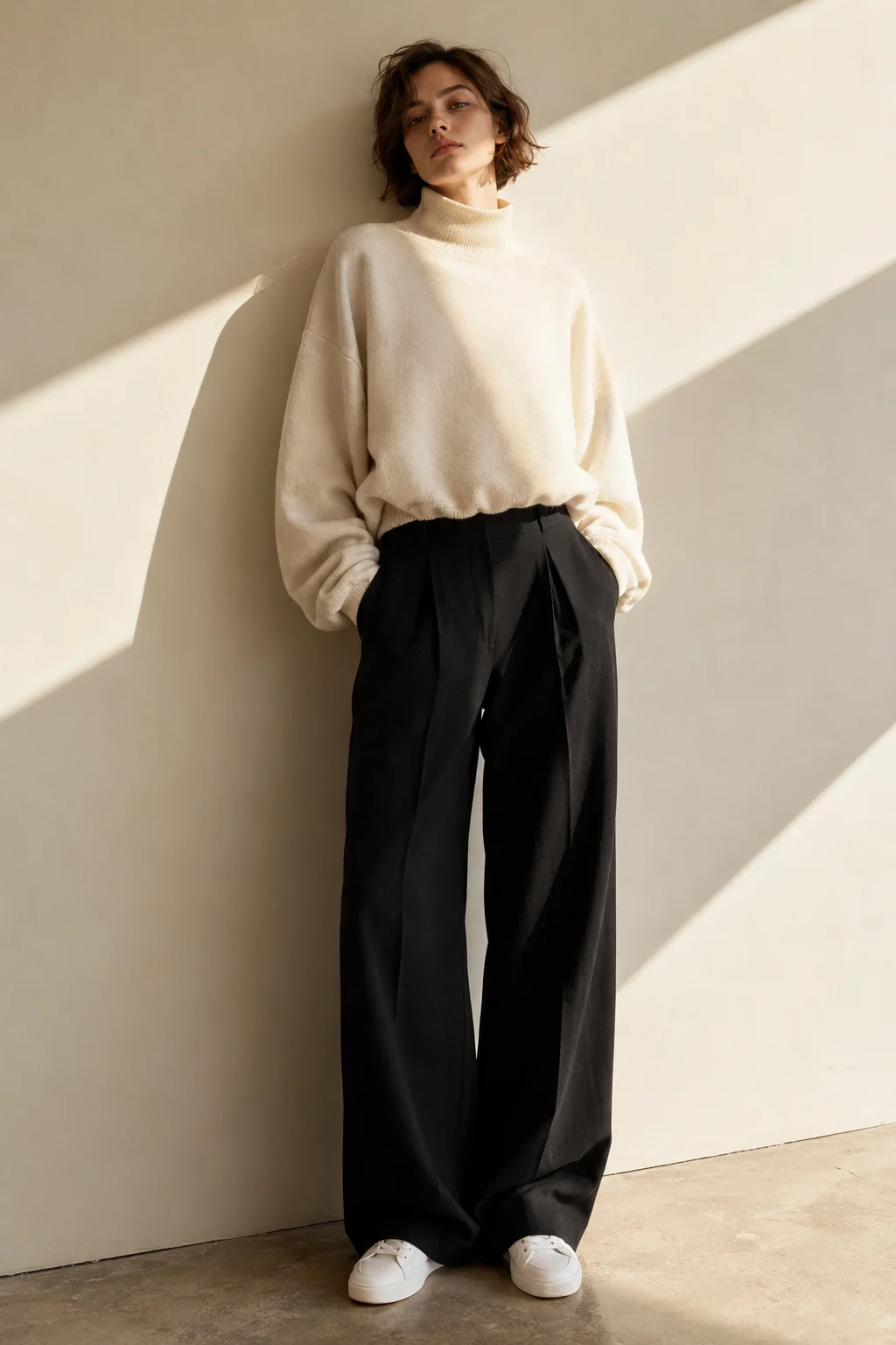 Full-body minimalist portrait of a woman in an ivory oversized turtleneck, wide black trousers, and white sneakers against a cream wall with geometric sunlight.