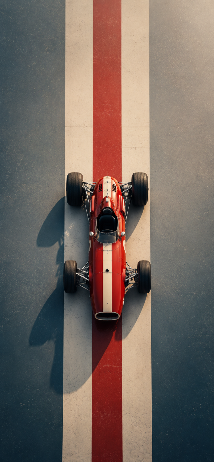 Top-down vintage Formula race car centered on bold racing stripes.