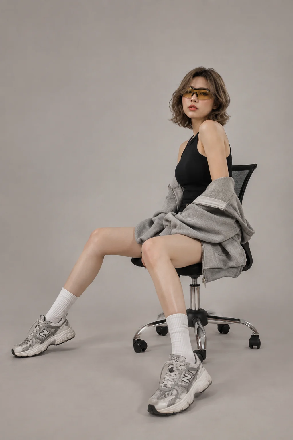 Gray oversized jacket and tinted sunglasses outfit with chunky sneakers and white socks in a studio streetwear pose.