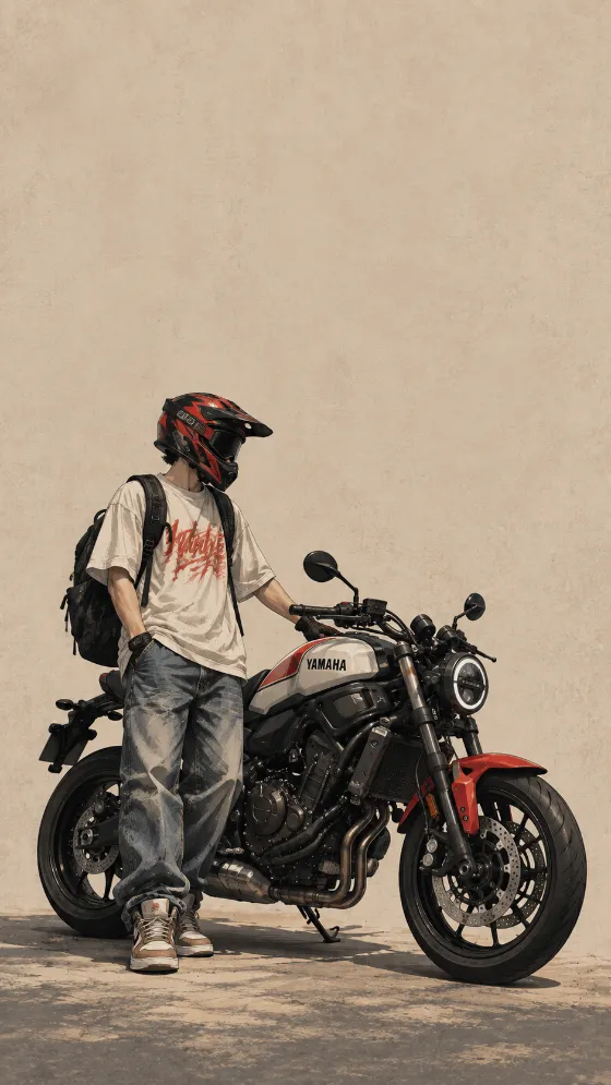 Stylized motorcycle rider standing beside a black and white sport motorcycle on a warm beige background.