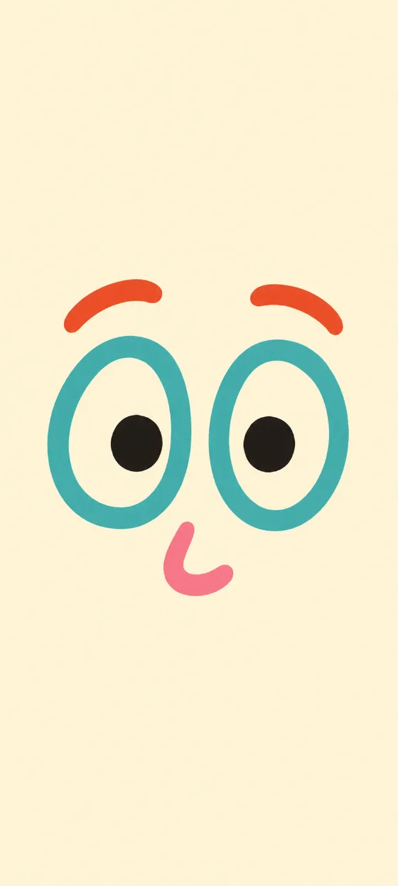 Minimalist abstract face with large teal eyes and colorful simple features on a pale cream background.
