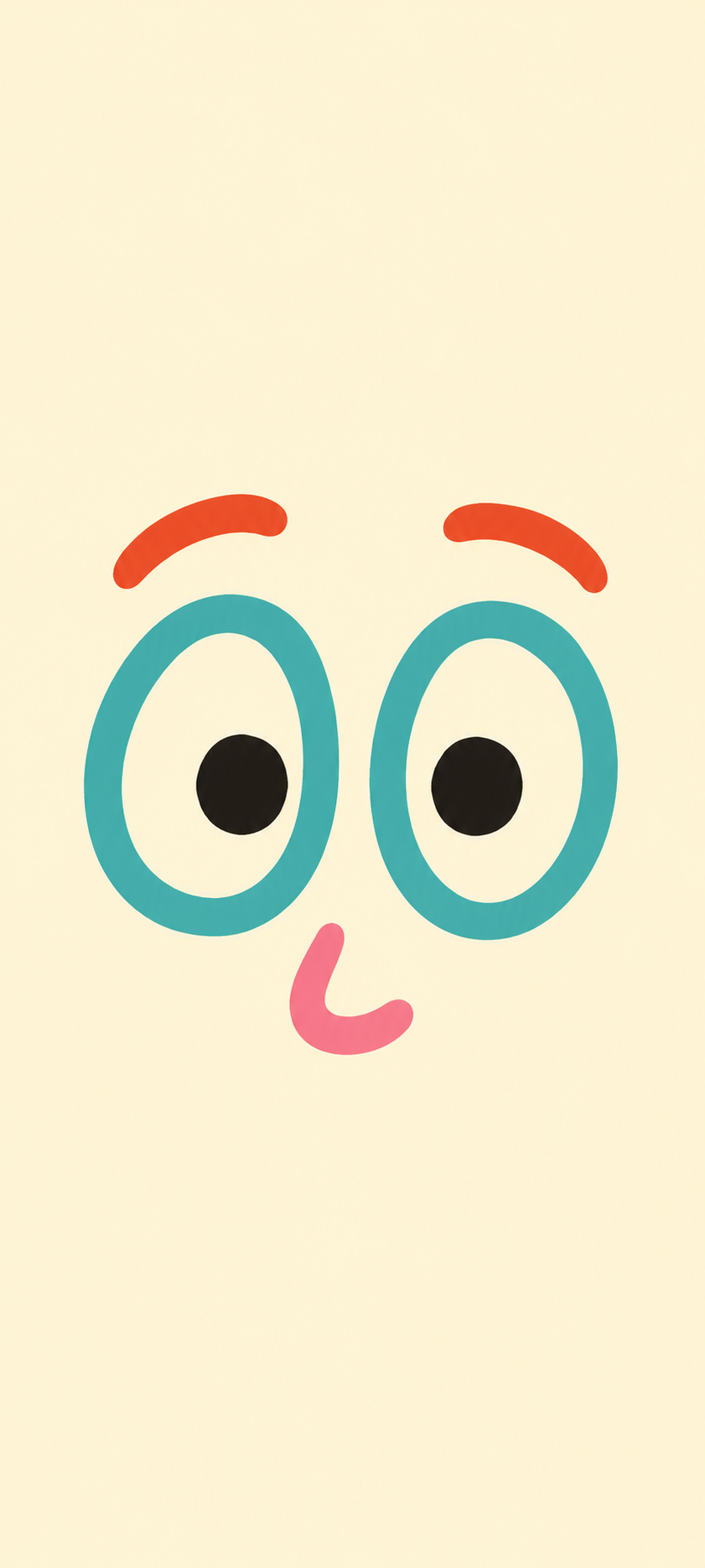 Minimalist abstract face with large teal eyes and colorful simple features on a pale cream background.