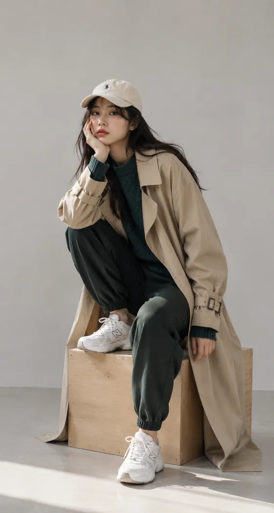 Fashion subject in a beige trench coat, cream cap, dark green layers and white sneakers crouching on a wooden box in a minimalist studio.