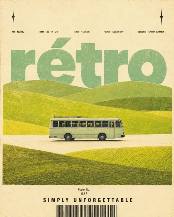 A tiny mint vintage bus crosses layered lime hills in a cream editorial poster with oversized rétro typography and grainy print texture.