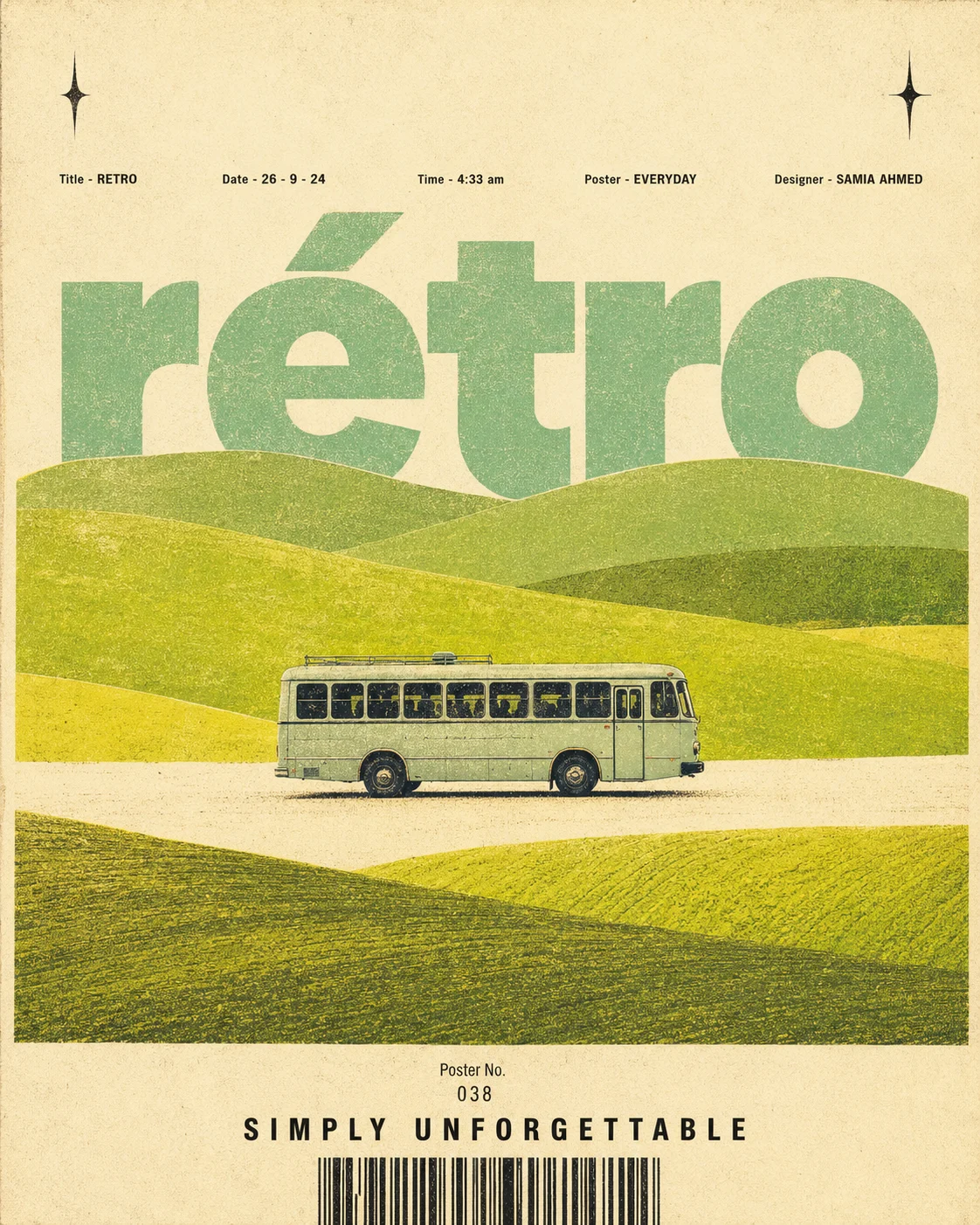 A tiny mint vintage bus crosses layered lime hills in a cream editorial poster with oversized rétro typography and grainy print texture.