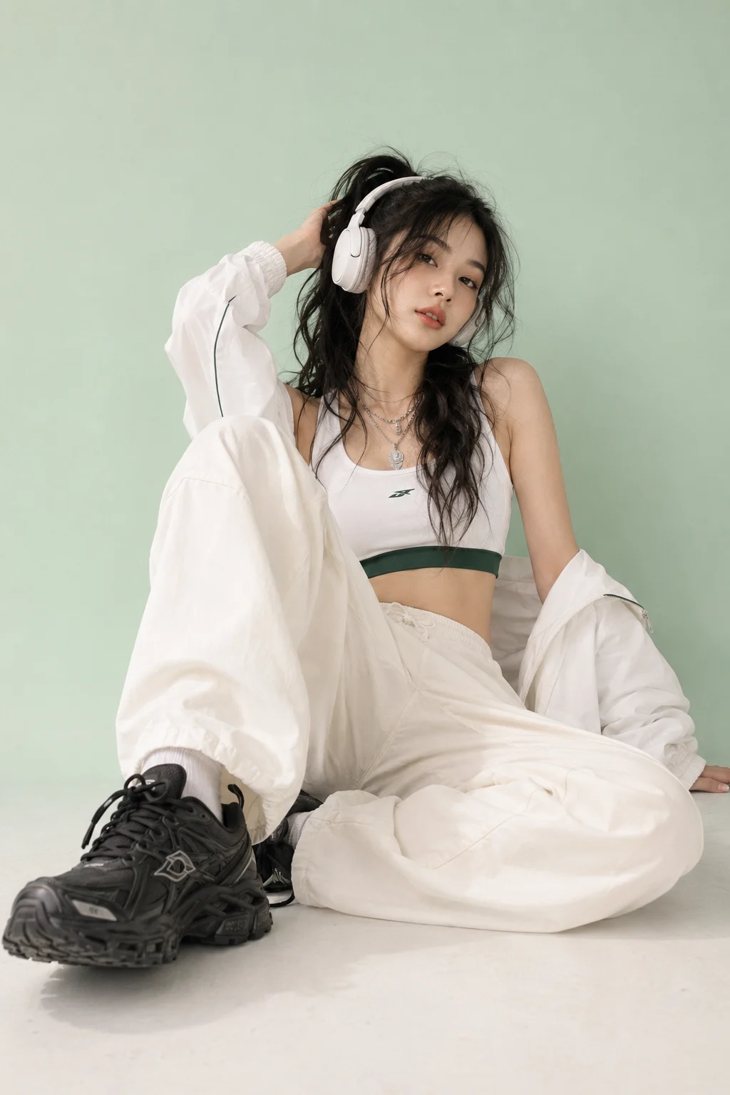 White headphone streetwear outfit with cream cargo pants, oversized white jacket, and chunky black sneakers