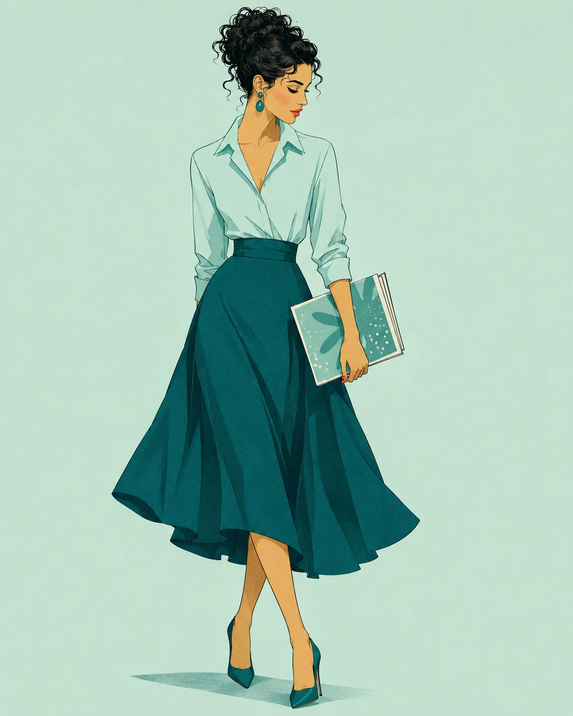 Stylized fashion editorial illustration of an elegant woman in a mint blouse and deep teal flowing skirt, holding a portfolio, with clean linework and a minimal mint backdrop.