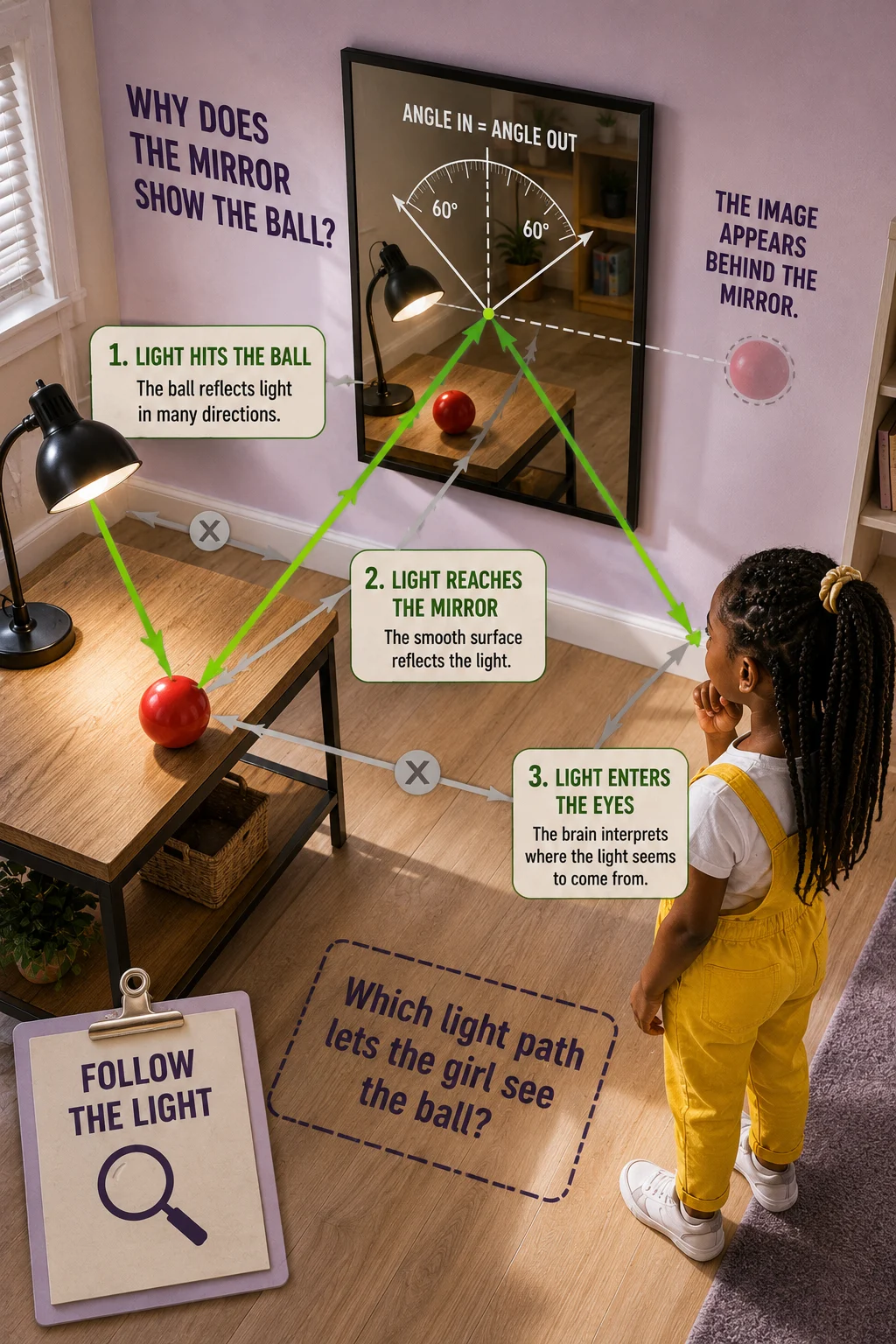 Educational mirror-reflection scene with one child in yellow overalls, a red ball, lamp, correct green light path, two gray alternatives, and angle markings.