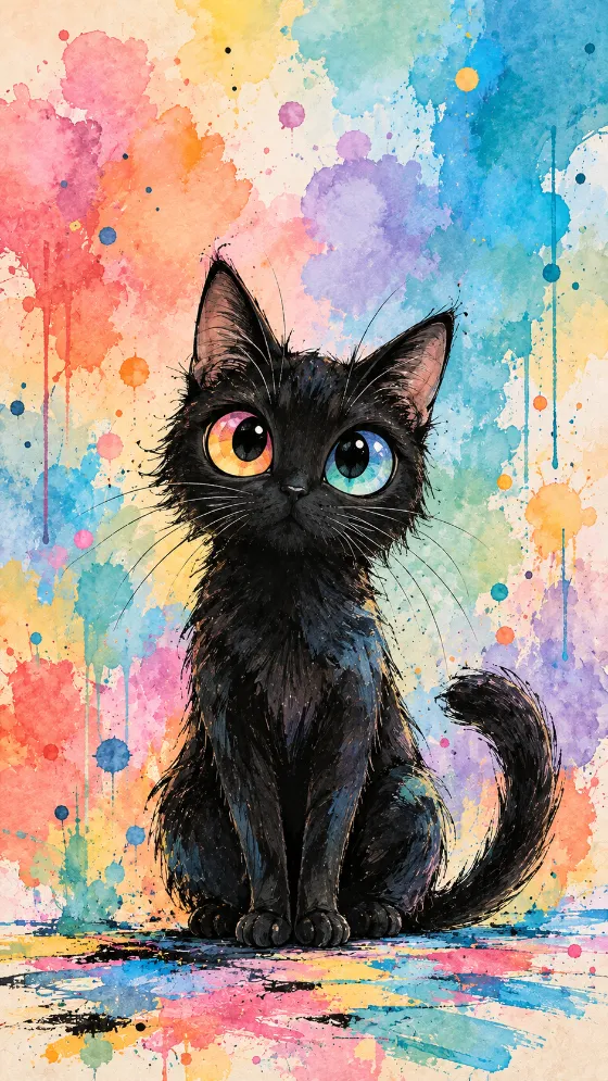 Stylized black cat with large mismatched colorful eyes centered against a pastel watercolor background with paint splashes and drips.