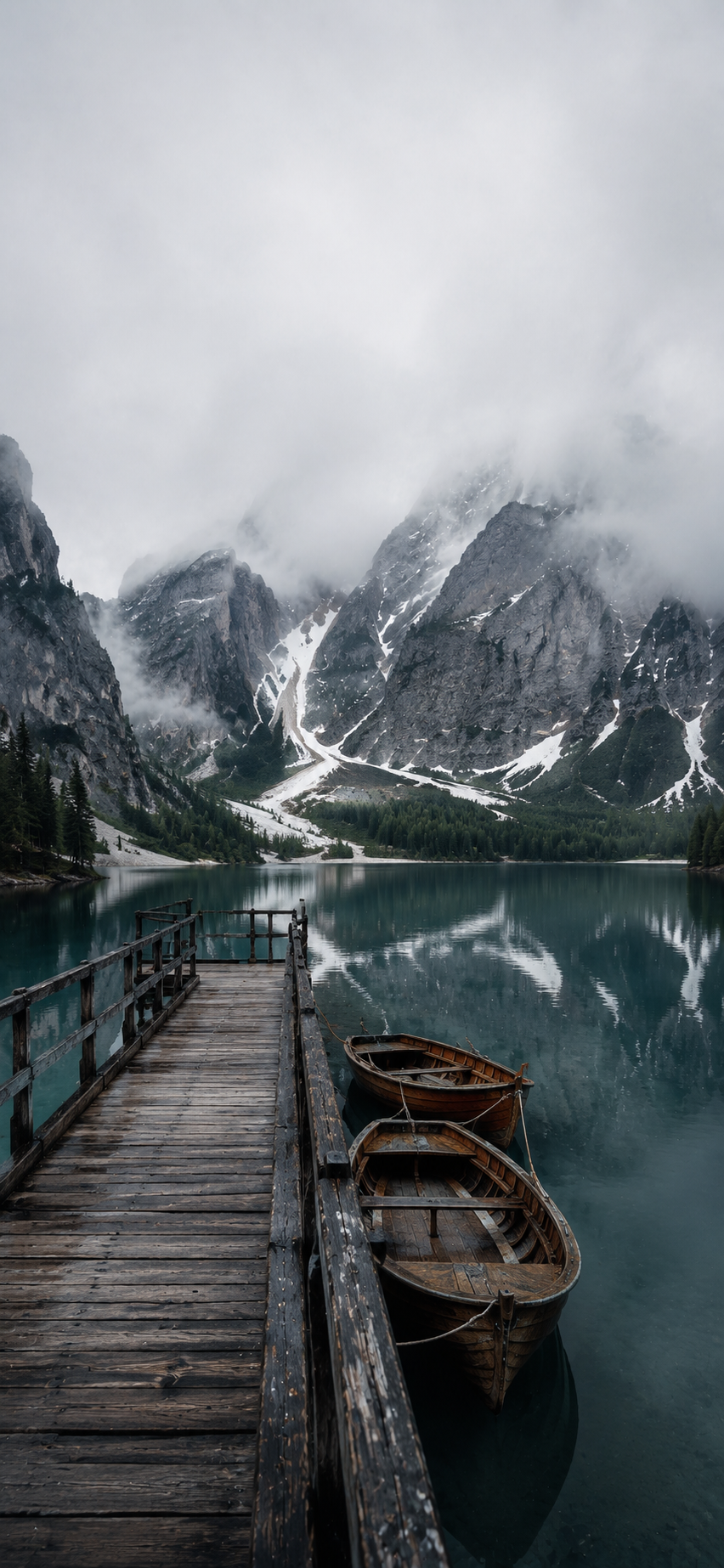 Weathered wooden pier beside two small rowboats on a calm blue-green alpine lake beneath misty gray mountains and evergreen forest.