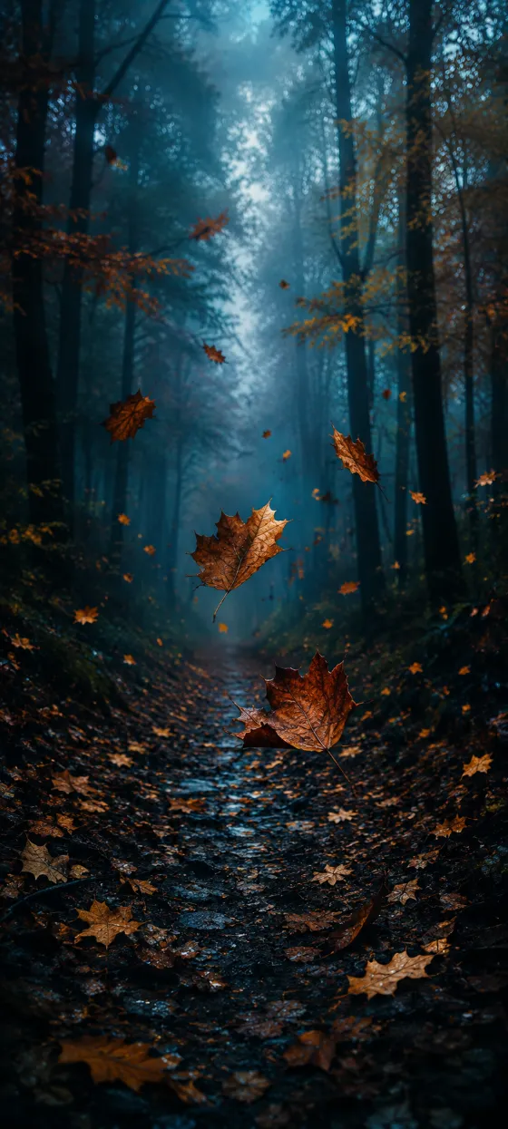 Rust-brown autumn leaves floating in a dark misty forest path with blue haze, tall tree trunks, and damp woodland texture.