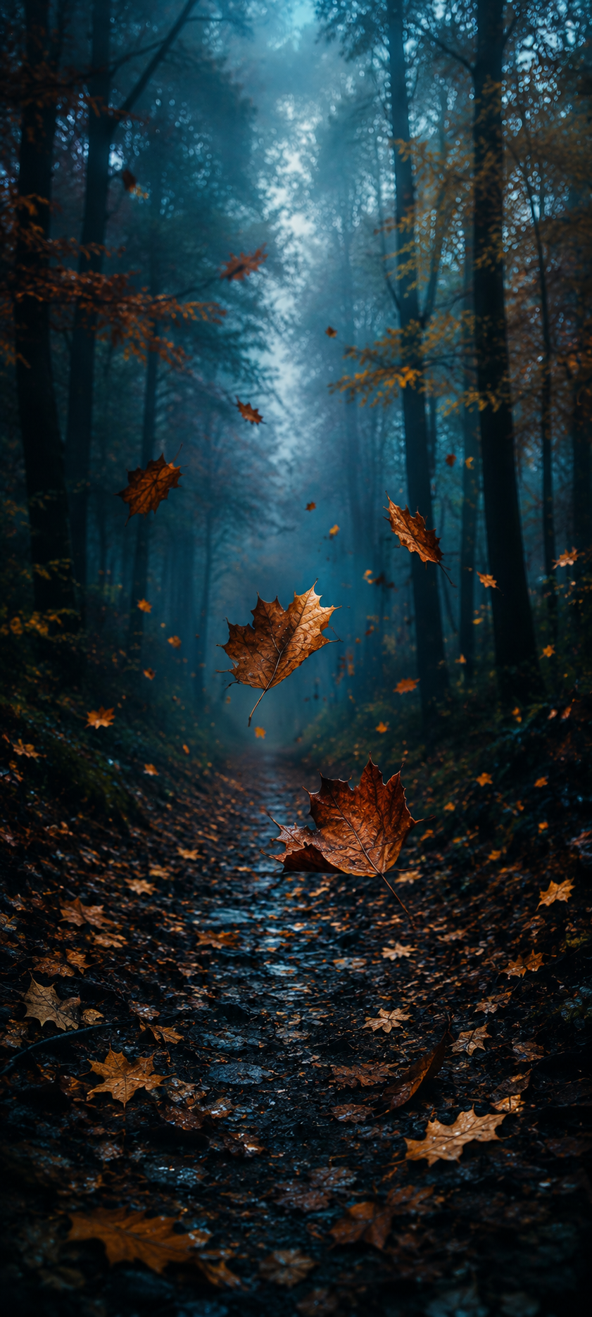 Rust-brown autumn leaves floating in a dark misty forest path with blue haze, tall tree trunks, and damp woodland texture.