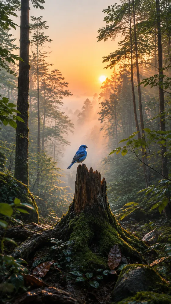 Blue songbird perched on a mossy tree stump in a misty forest at warm sunrise