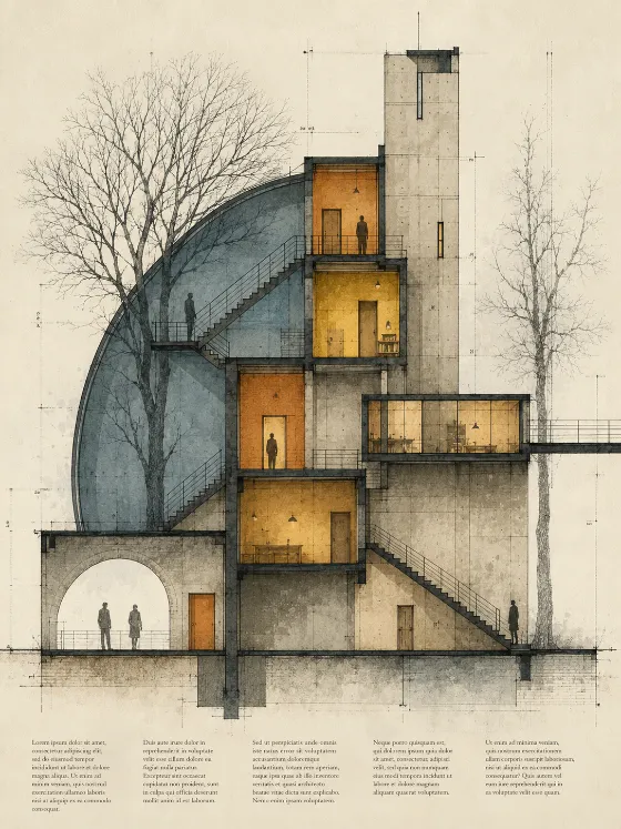 Vertical architectural concept drawing with warm rooms, curved wall, stairs, trees, and human scale figures.