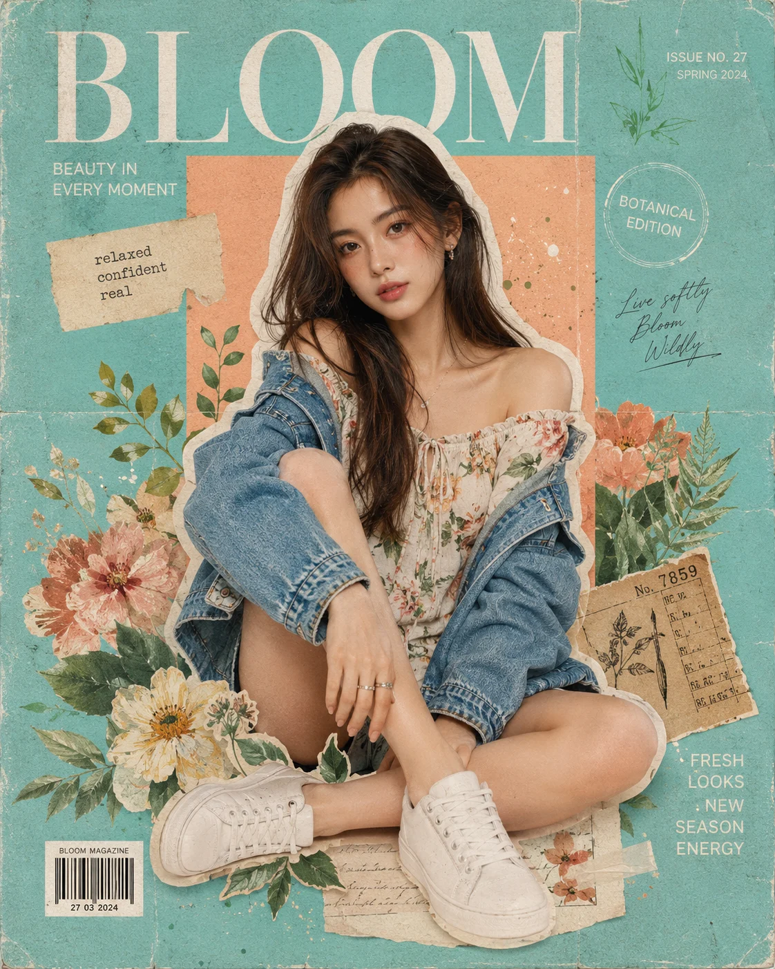 Mixed-media fashion collage with floral illustrations and textured editorial layout.