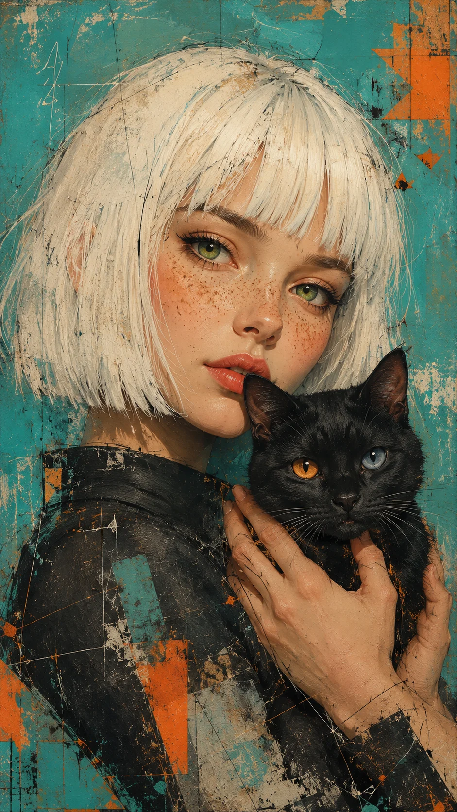 Mixed-media portrait of a white-haired character holding a black cat against a turquoise and orange painted background.