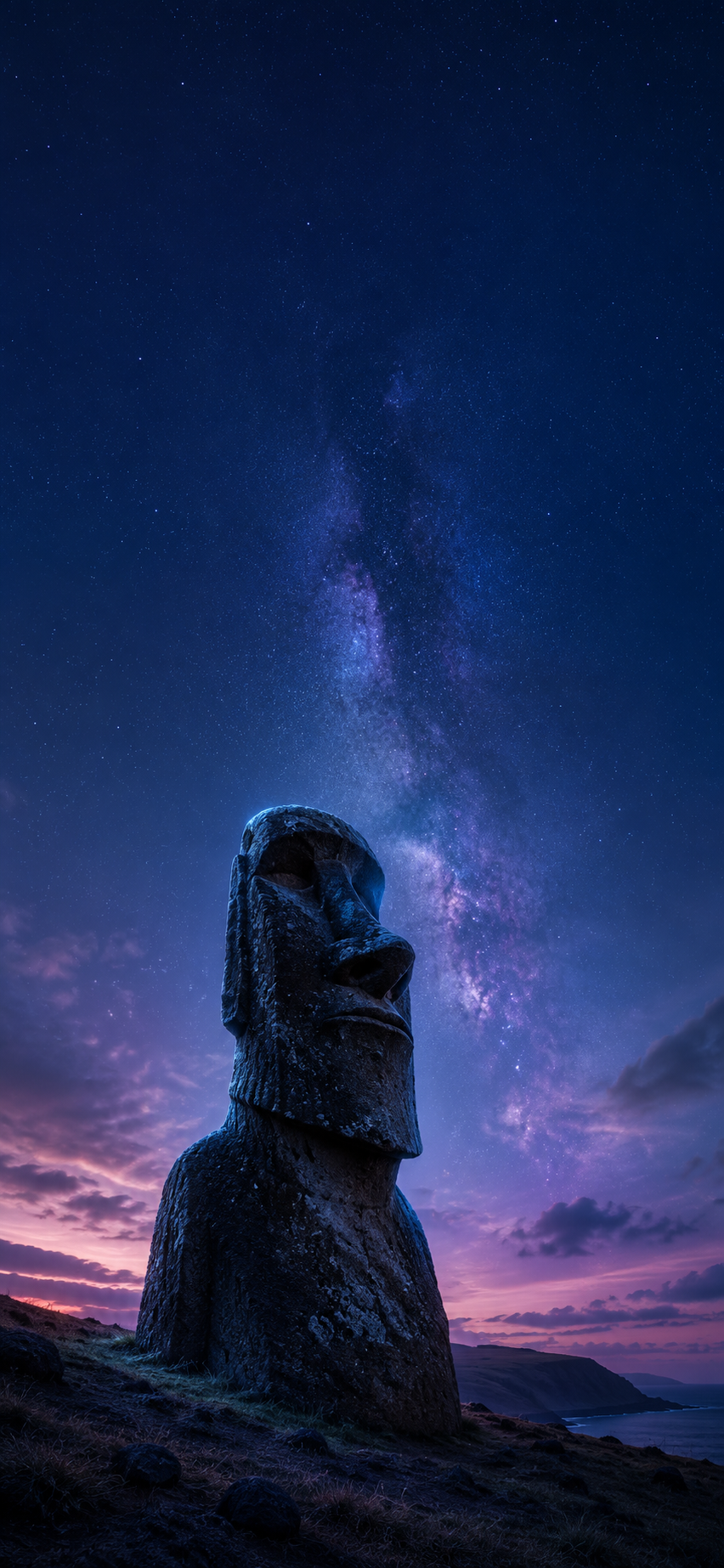 Large stone Moai statue beneath a deep blue starry night sky with a soft twilight horizon.