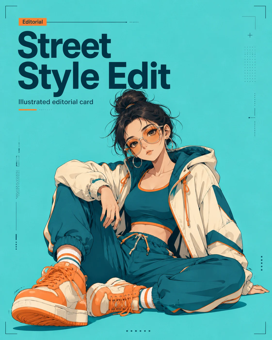 Vertical social editorial card with a cel-shaded anime streetwear character, turquoise background, orange accents, and clean headline typography.