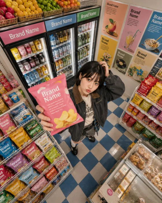 Overhead view of a young person in a colorful convenience store holding a pink snack package, with shelves and refrigerators around.