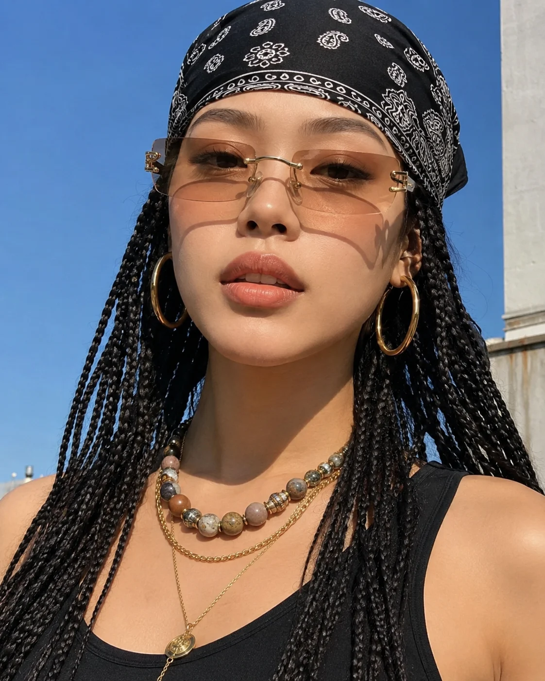 Close-up editorial portrait of a fashion subject wearing a black bandana, braided hair, tinted sunglasses, and layered jewelry under a blue sky.