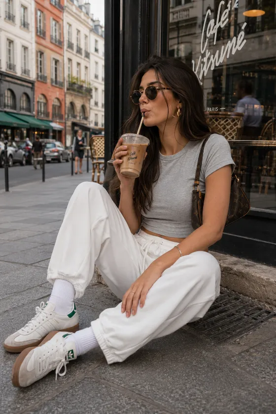 Casual editorial portrait outside a European café with iced coffee and minimalist street style.
