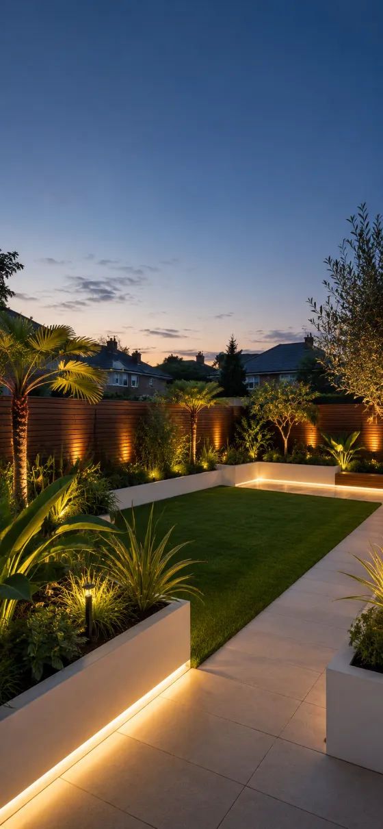 Modern evening garden courtyard with white planters, warm lighting, green lawn, tropical plants, wooden fence, and patio tiles.